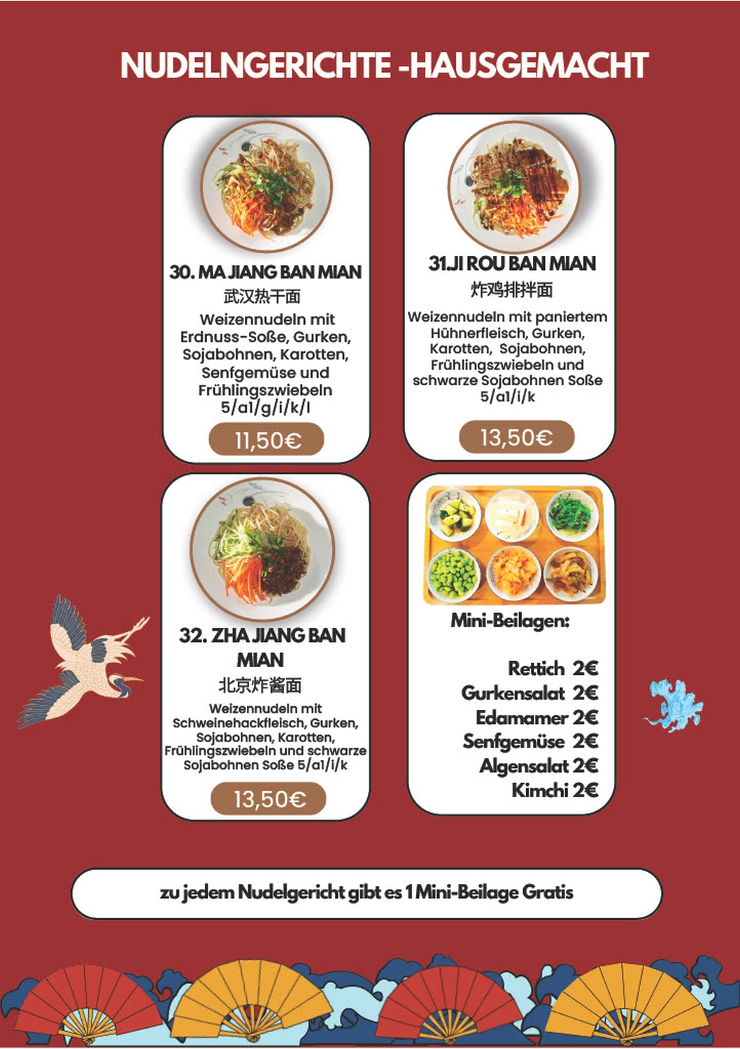 My Noodles Restaurant, Speisekarte