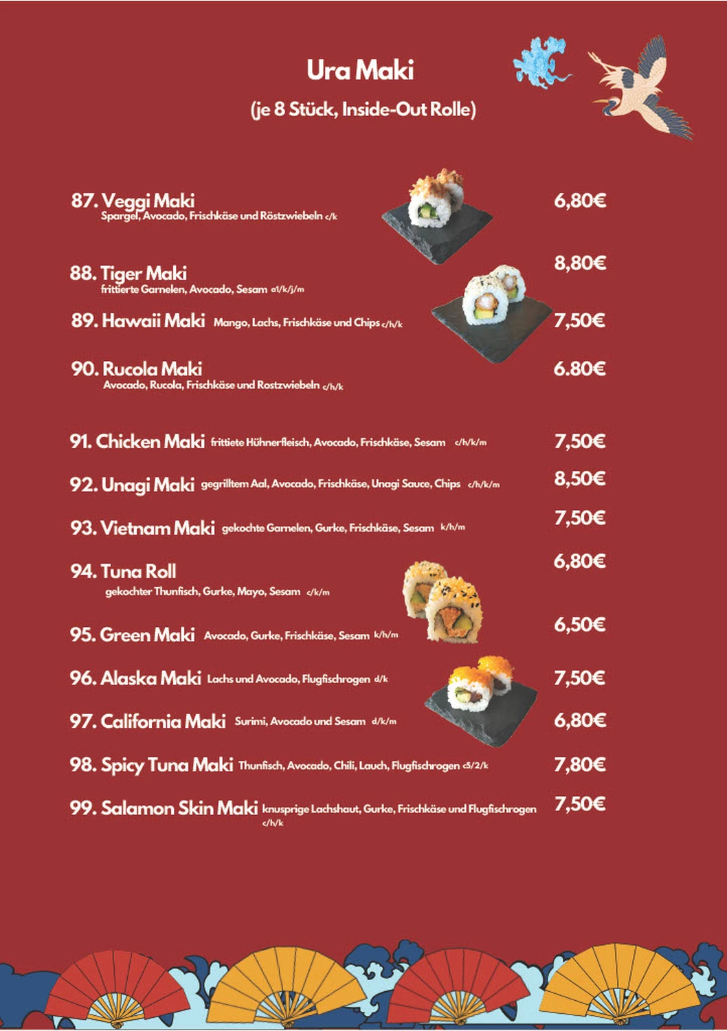 My Noodles Restaurant, Speisekarte